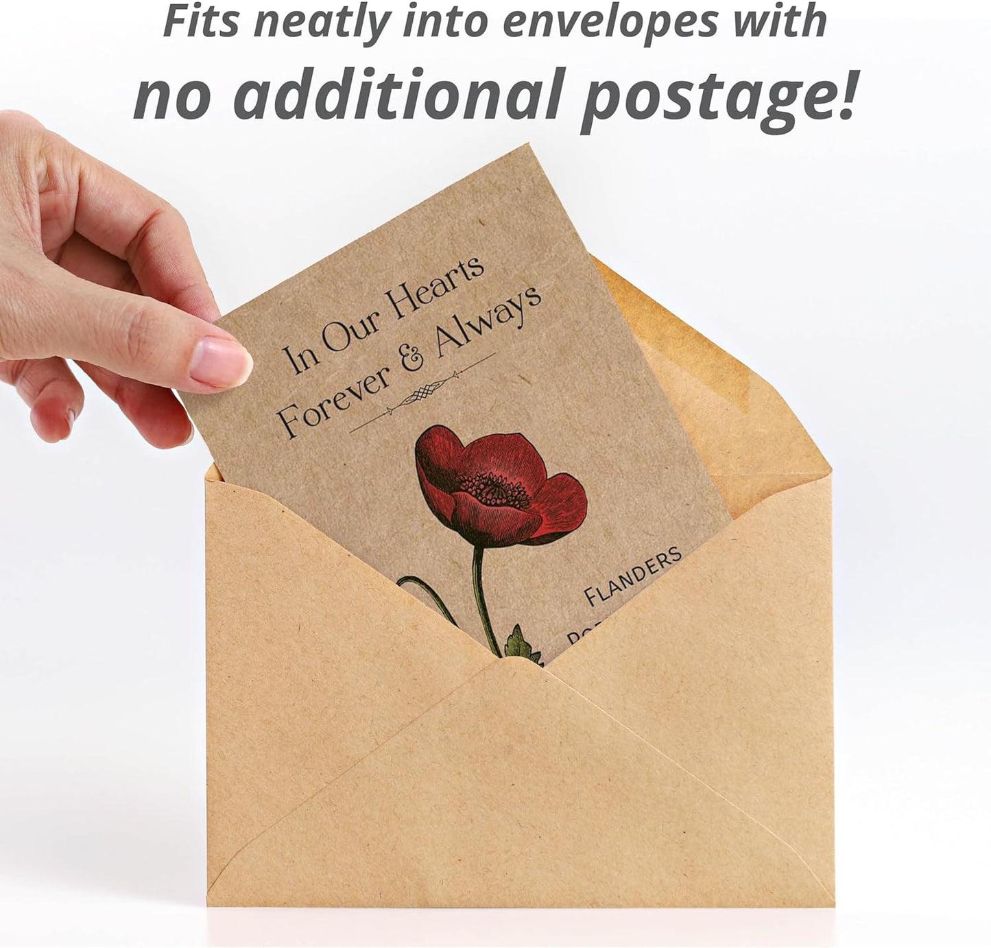 Celebration of Life Funeral Favors for Guests | Non-GMO, Non-Coated Flanders Poppy Seed Packets in Our Hearts Forever and Always | Sentimental Memorial Service Gift | Pack of 25