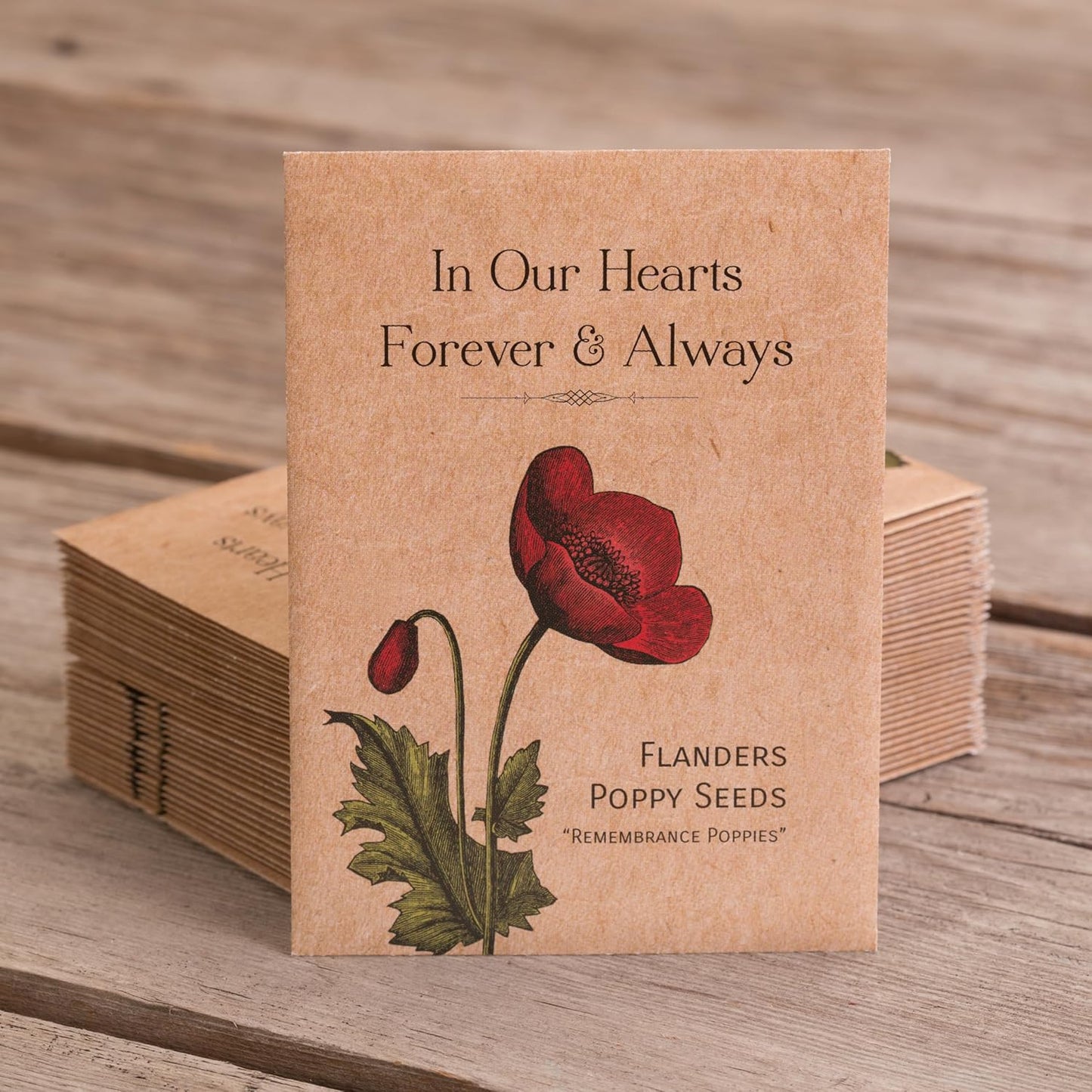 Celebration of Life Funeral Favors for Guests | Non-GMO, Non-Coated Flanders Poppy Seed Packets in Our Hearts Forever and Always | Sentimental Memorial Service Gift | Pack of 25