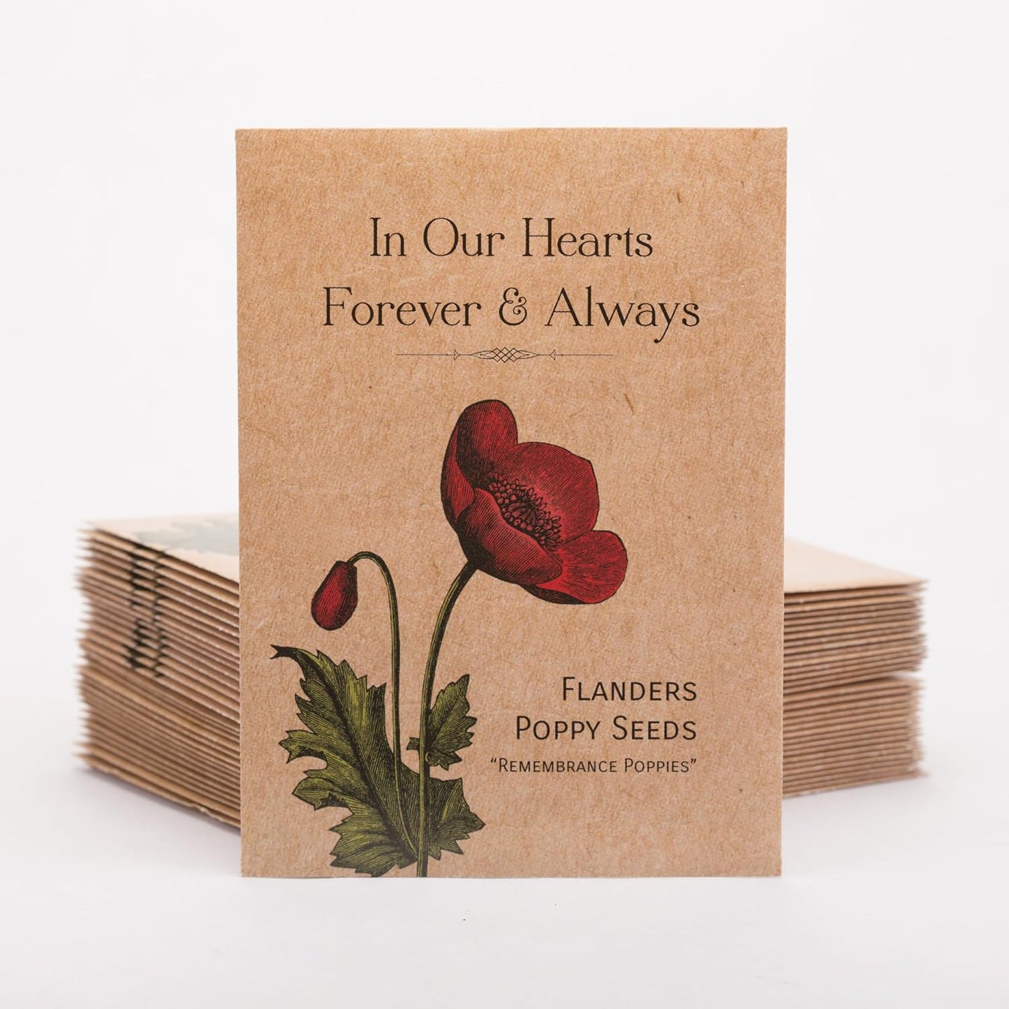 Celebration of Life Funeral Favors for Guests | Non-GMO, Non-Coated Flanders Poppy Seed Packets in Our Hearts Forever and Always | Sentimental Memorial Service Gift | Pack of 25